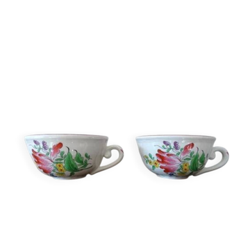 Kg luneville "street lamp" 2 breakfast cups for coffee or tea, earthenware, hand-painted flowers.