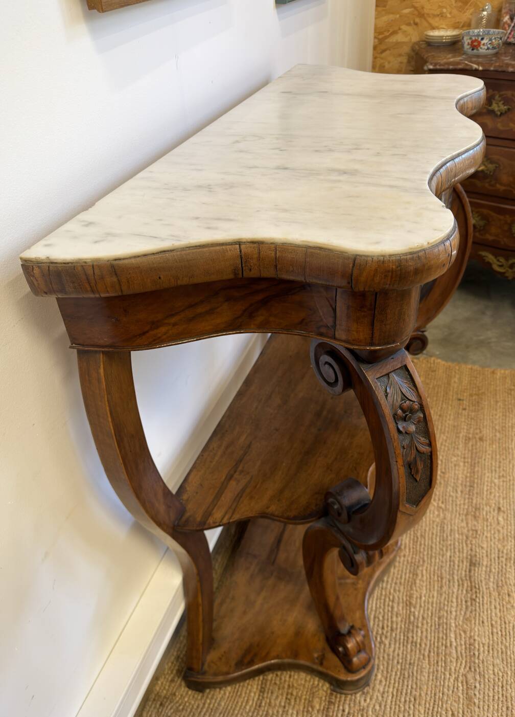Napoleon III console in walnut and white marble
