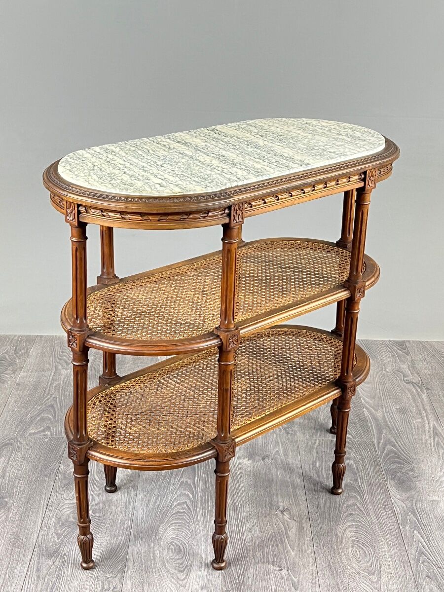 Table desserte de style Louis XVI en bois sculpté, marbre et cannage, XIXe Siècle
