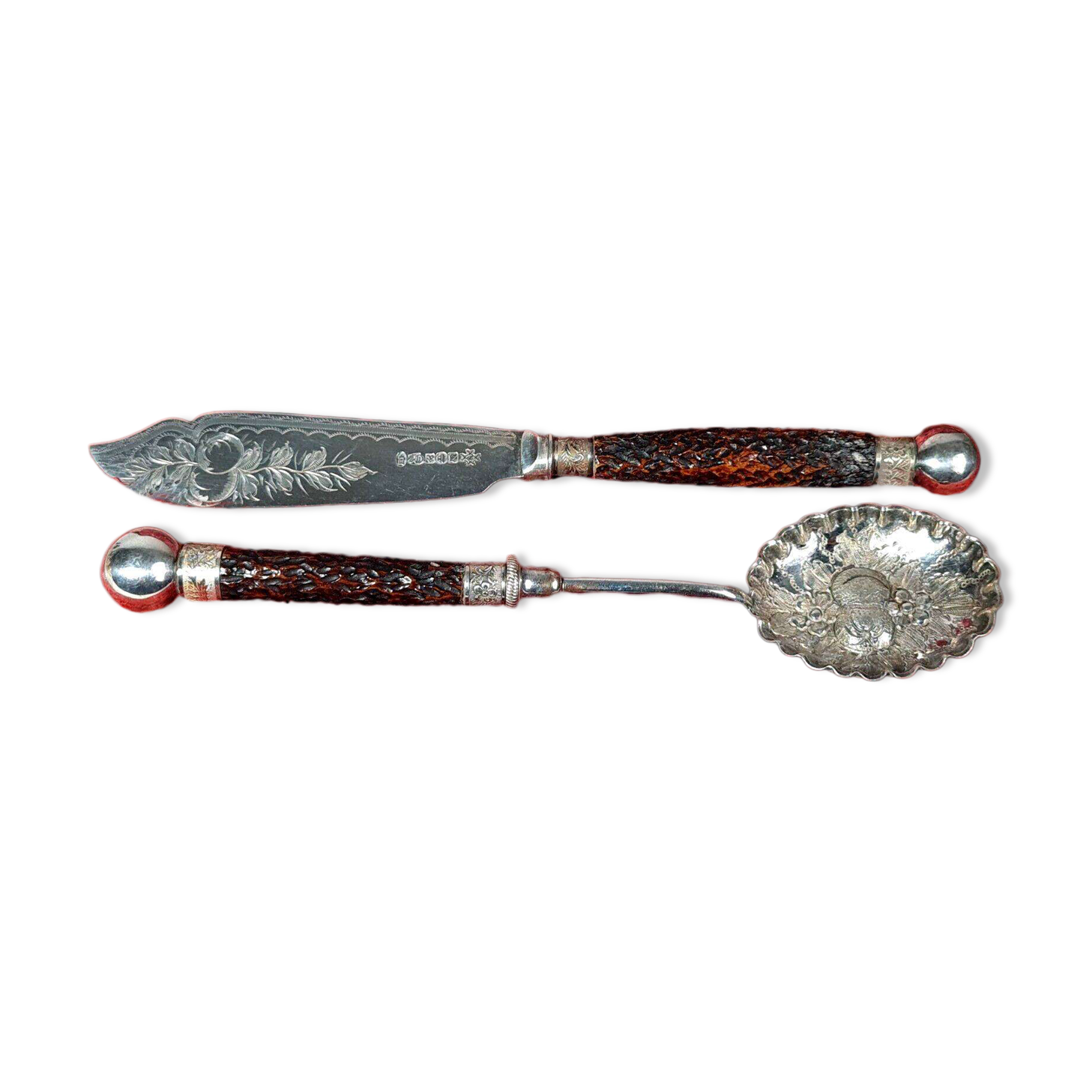 Antique English silver plated and wood dessert service cutlery B522