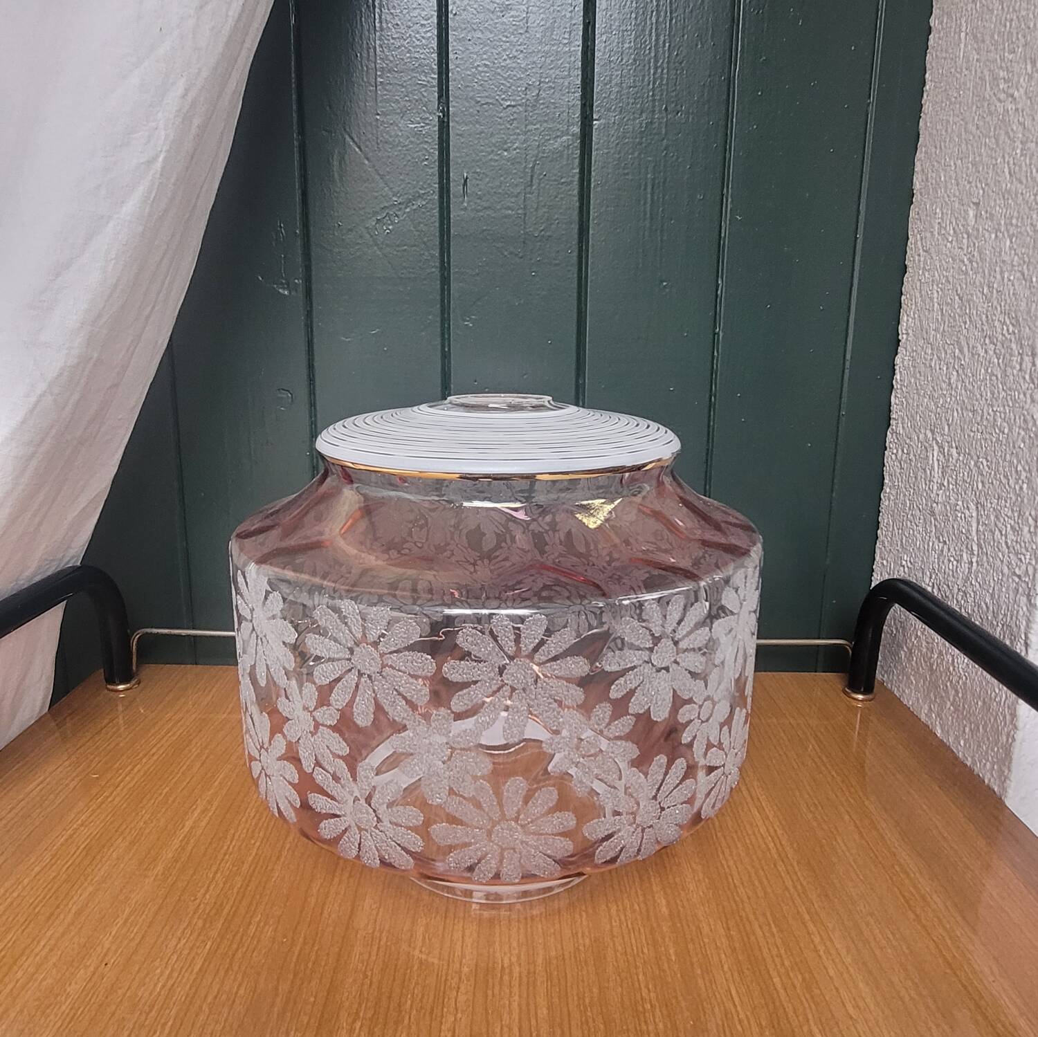 Pink pearlescent glass lampshade with floral relief decoration – 1950s