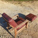 Vintage "Bain De Soleil" Armchair in Oak and Faux Leather Cushions - 20th Century