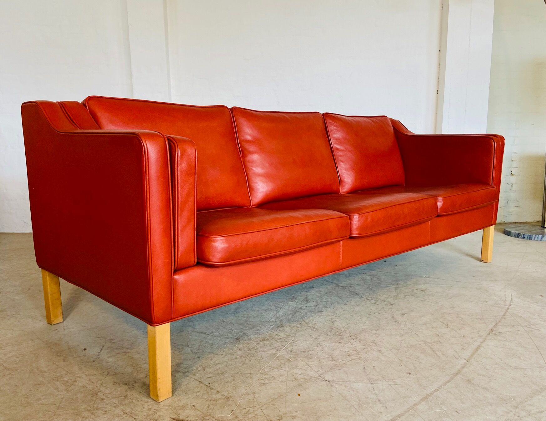 Vintage Danish mid-century Mogens Hansen 3 person cognac leather sofa