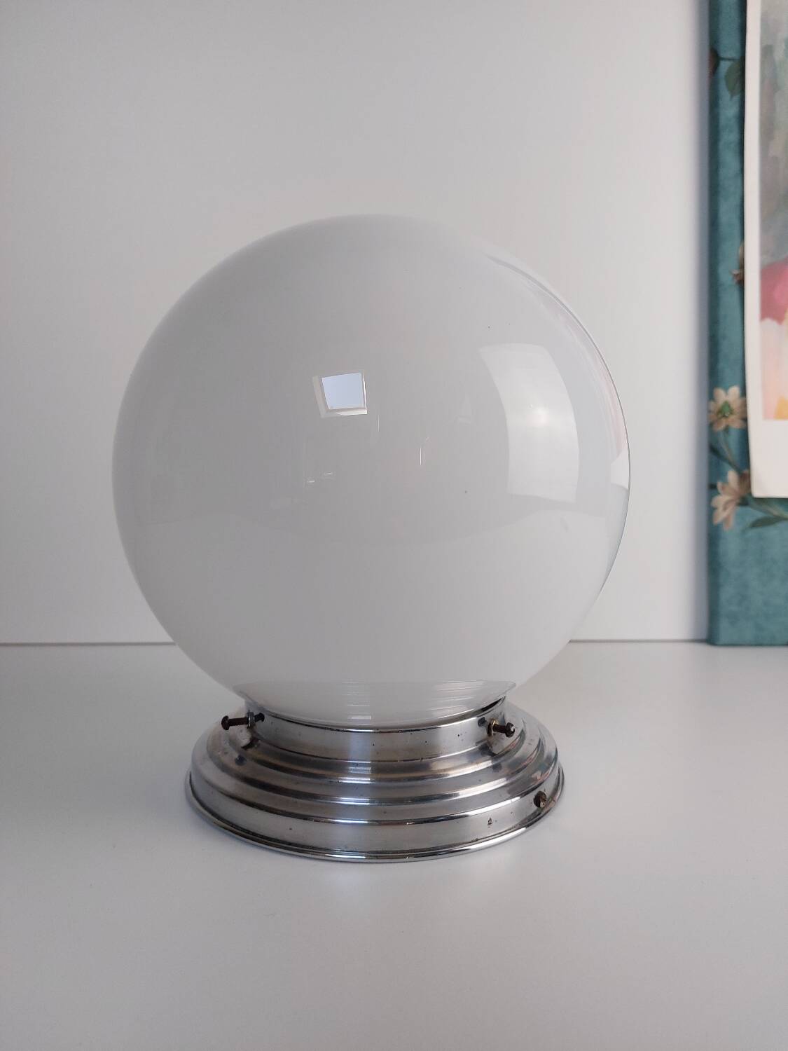 Opaline art deco ceiling light chrome support