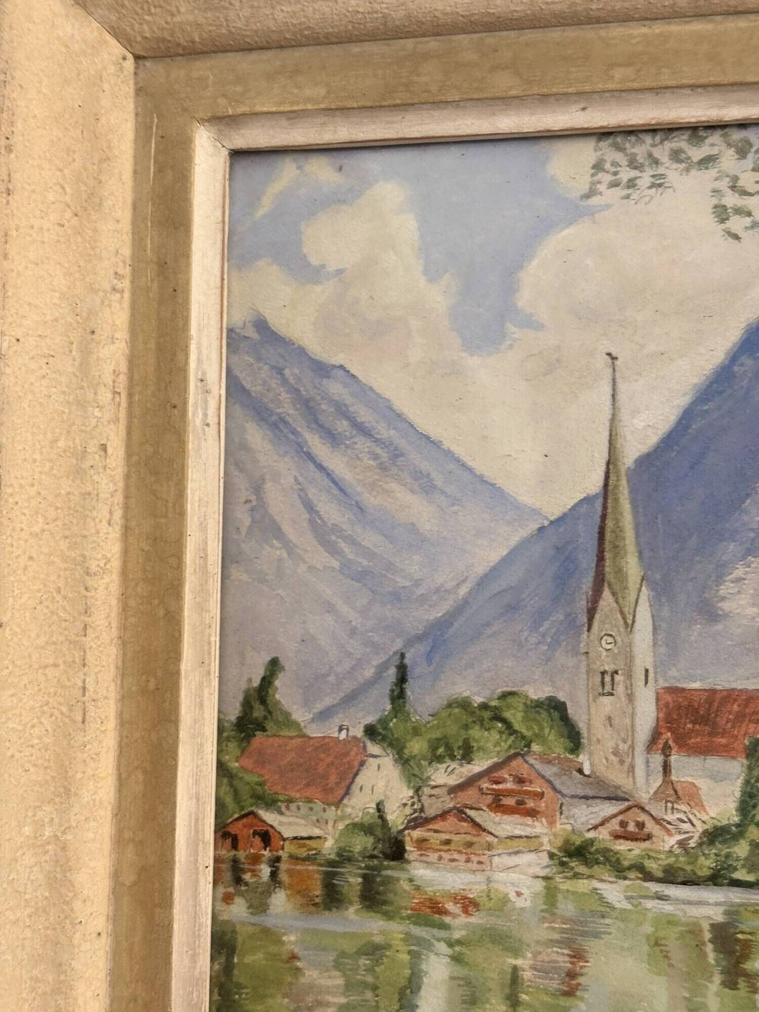 Watercolour Painting of a Village by the Lake Charpentier Mountain