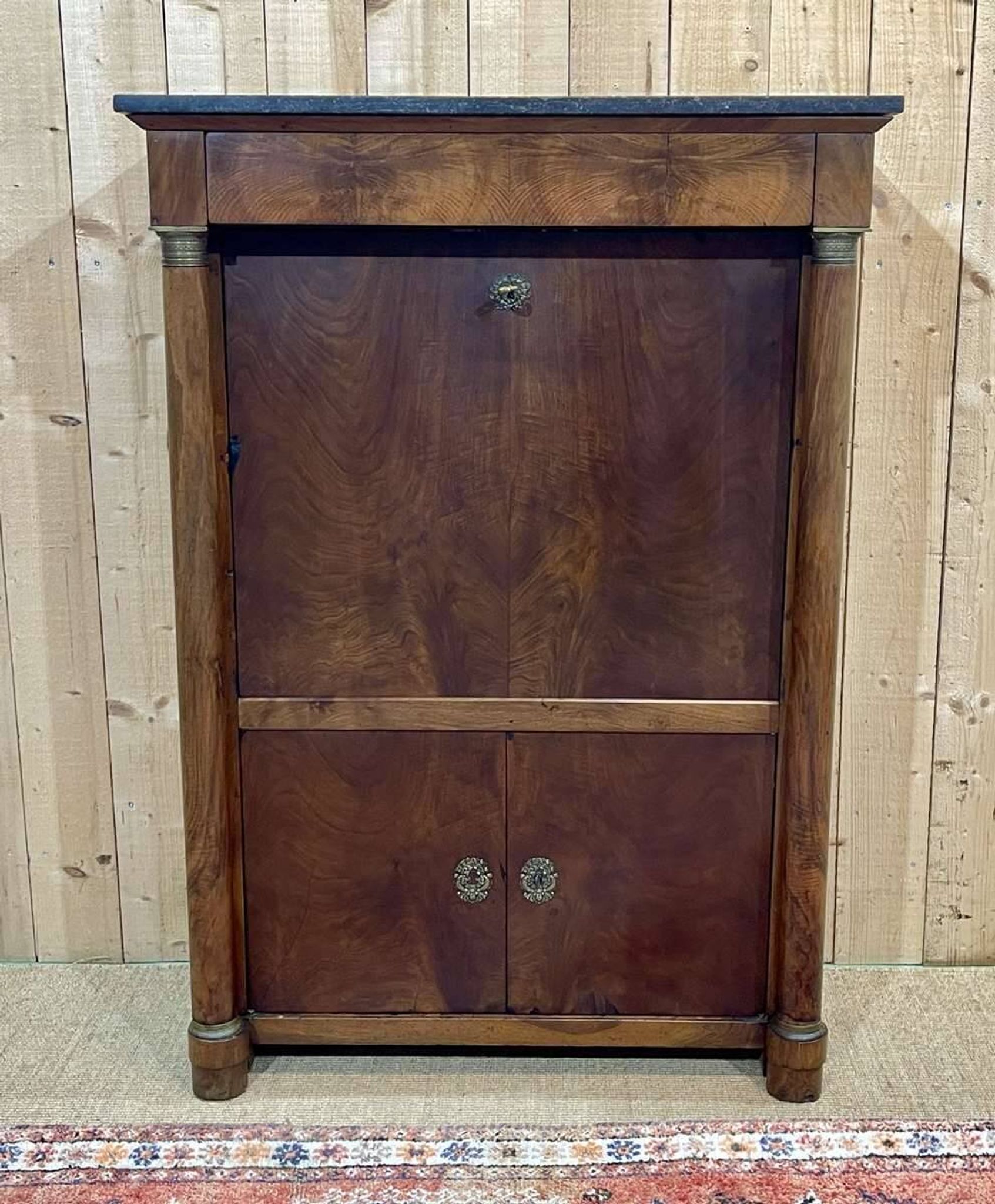 Empire period secretary in walnut, oak and black marble top