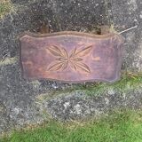 Bench in carved and varnished wood, mountain chalet decoration, old