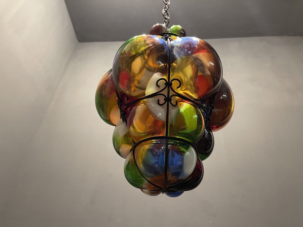 Murano glass multicolored wrought iron light pendant latern, 1950s