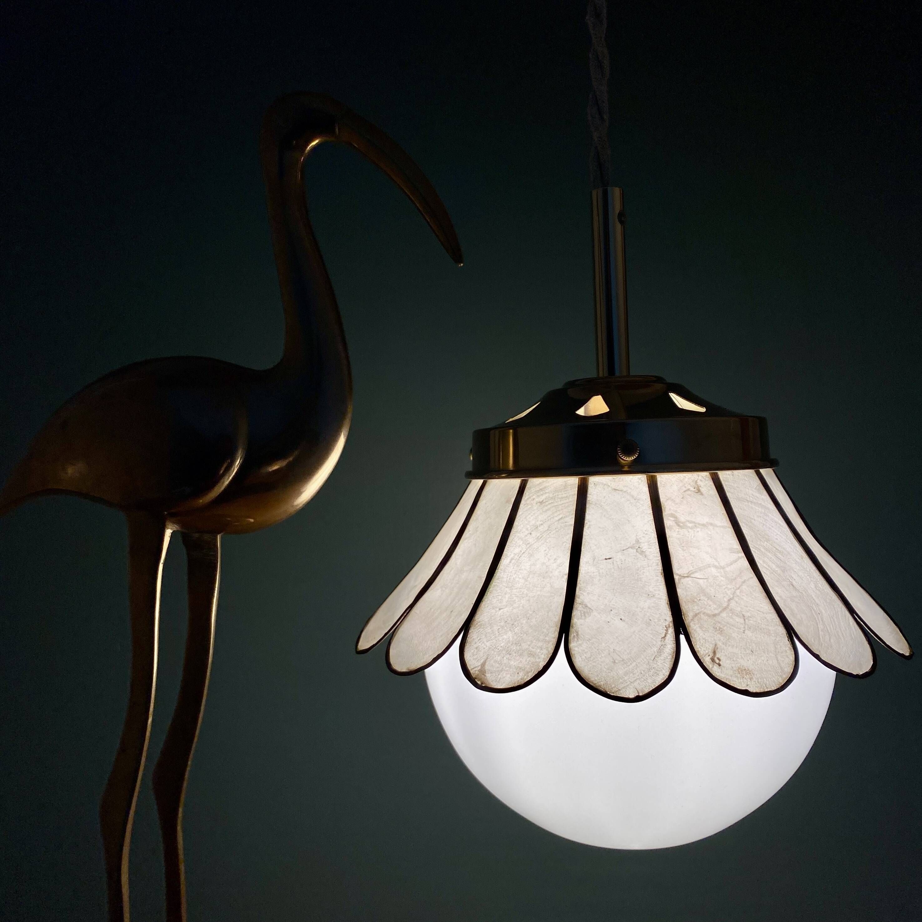Globe pendant light and vintage lampshade in opaline and mother-of-pearl
