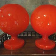 Pair of red opaline glass table lamps for Jihlava, Czechoslovakia, 1960s
