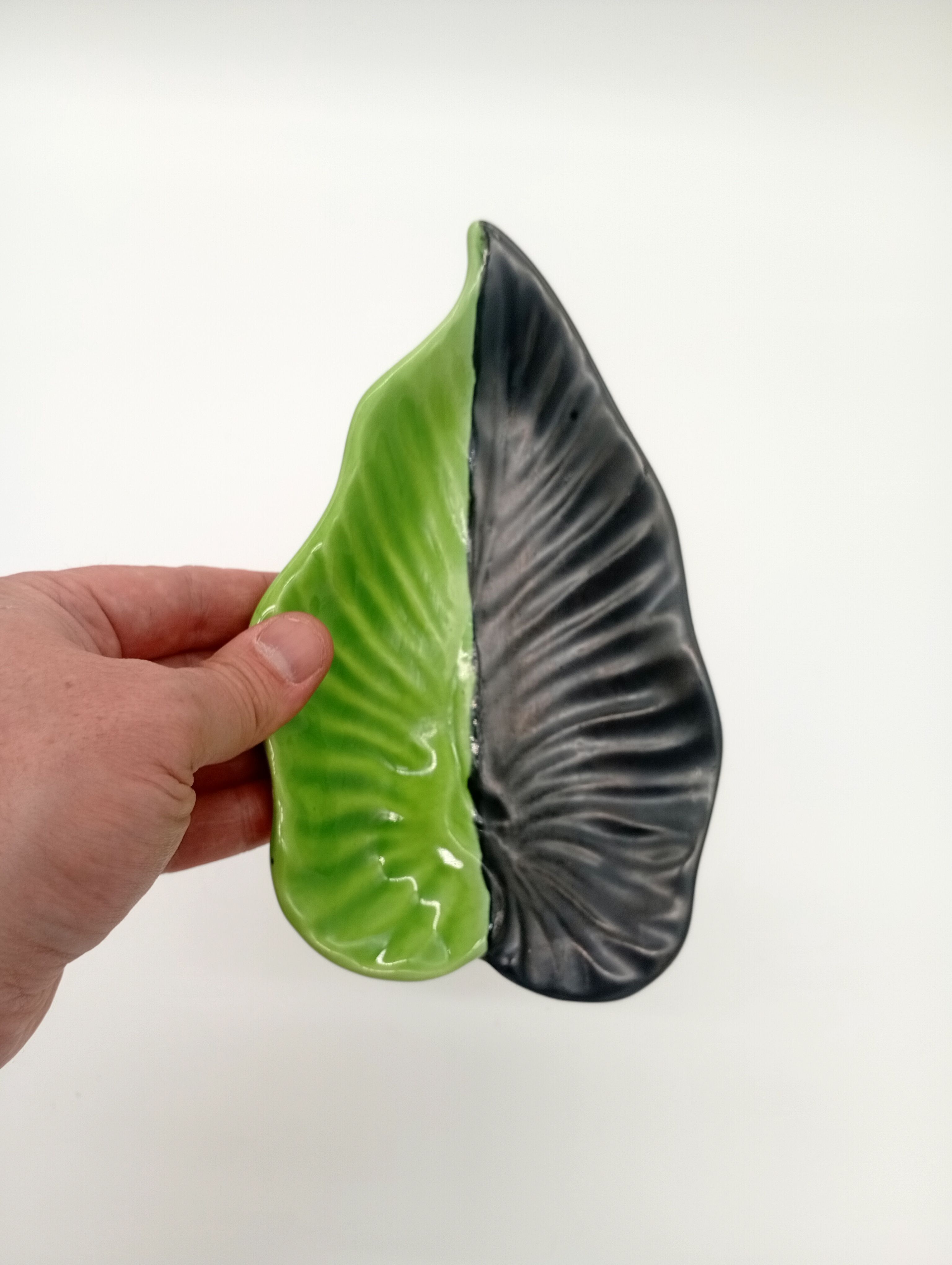 SAP Vallauris Vintage Leaf Bowl Two-Tone Ceramic Green Black 50s 60s