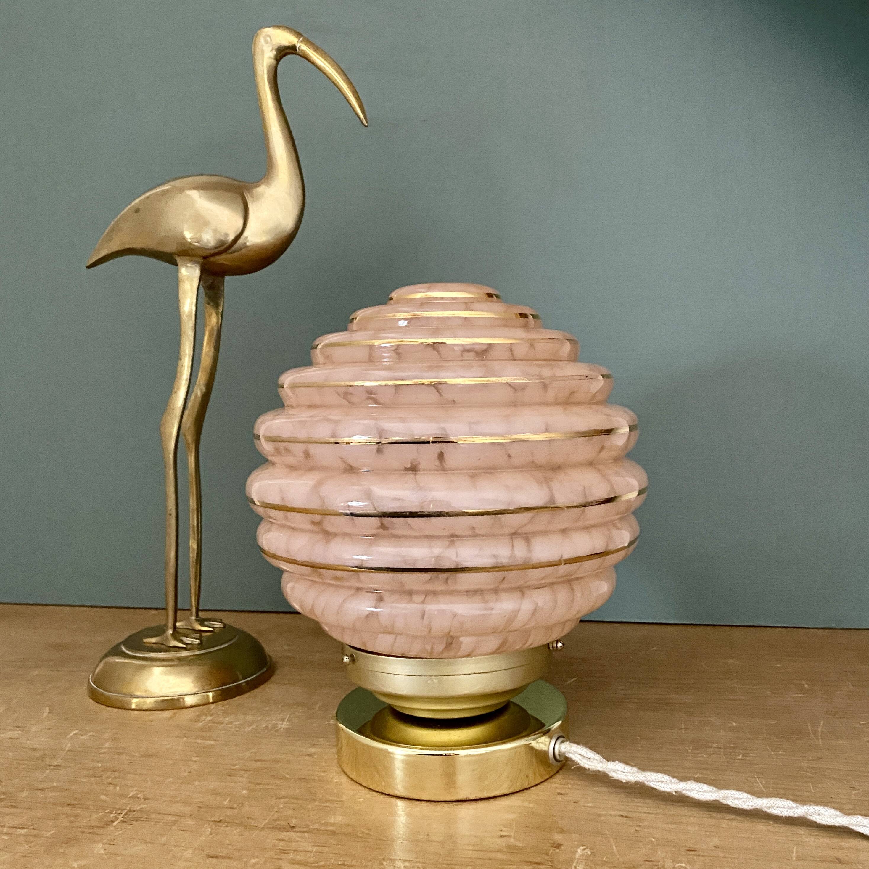 Vintage art deco globe table lamp in pink and gold Clichy glass