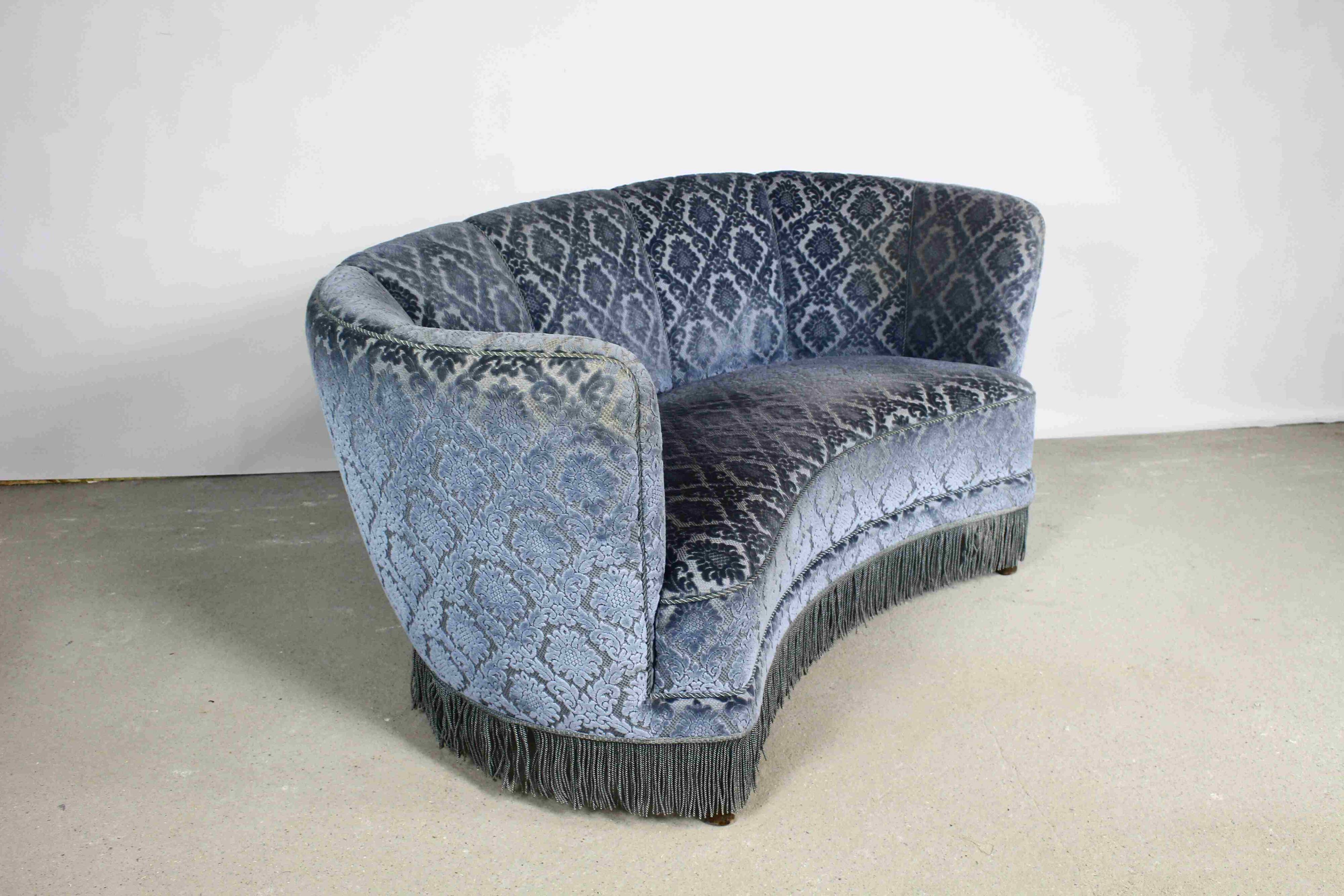 Art deco blue velvet banana sofa, denmark 1950s