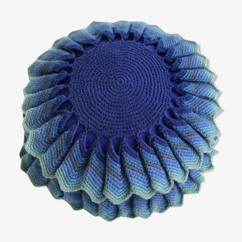 Round cushion crocheted blue hand