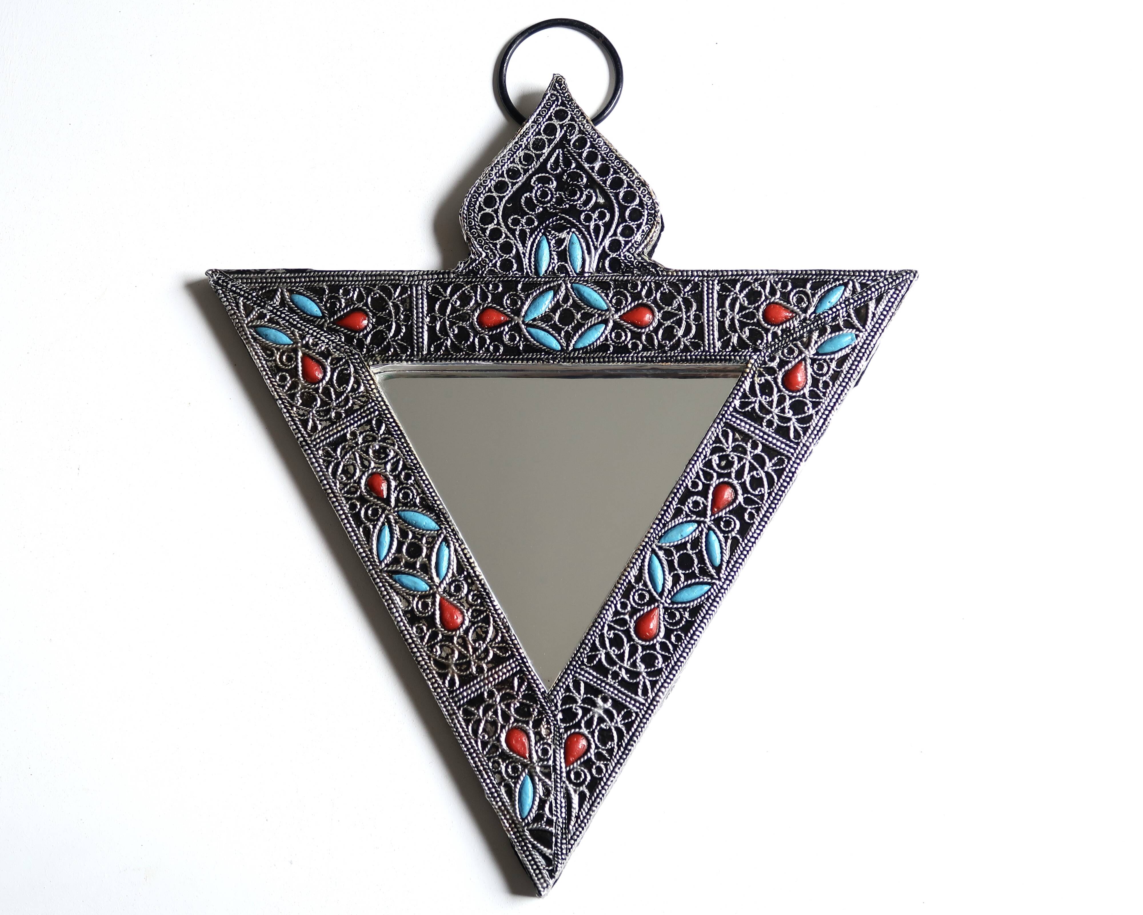 Triangular mirror in silver metal and pearls, 80s