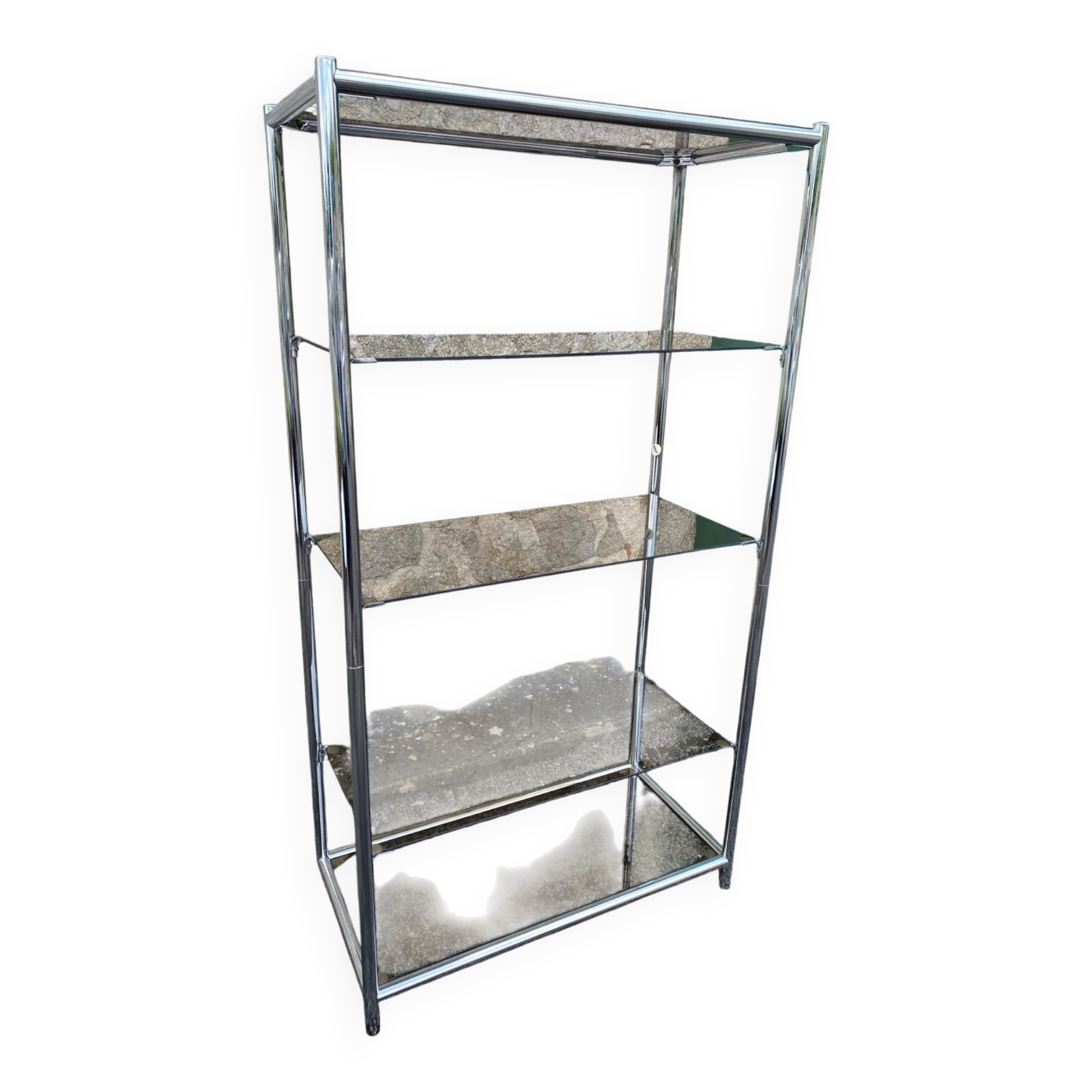 Vintage 1970s Rectangular Chrome High Shelf with 5 Smoked Glass Shelves