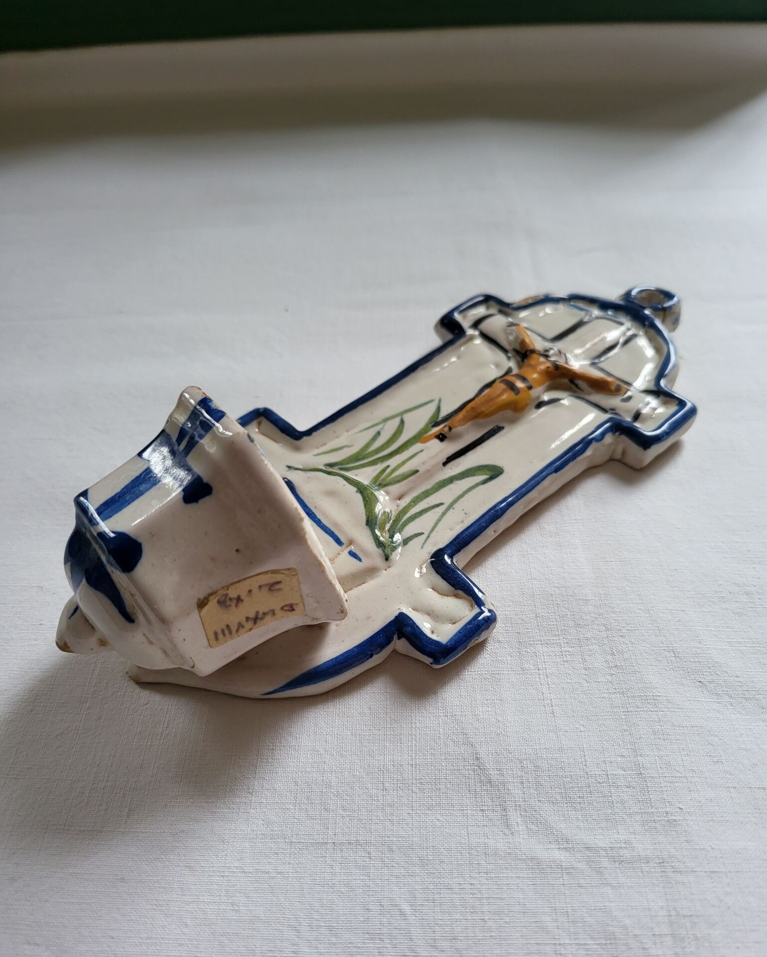 Old Faience Baptismal Font Enamelled Cross