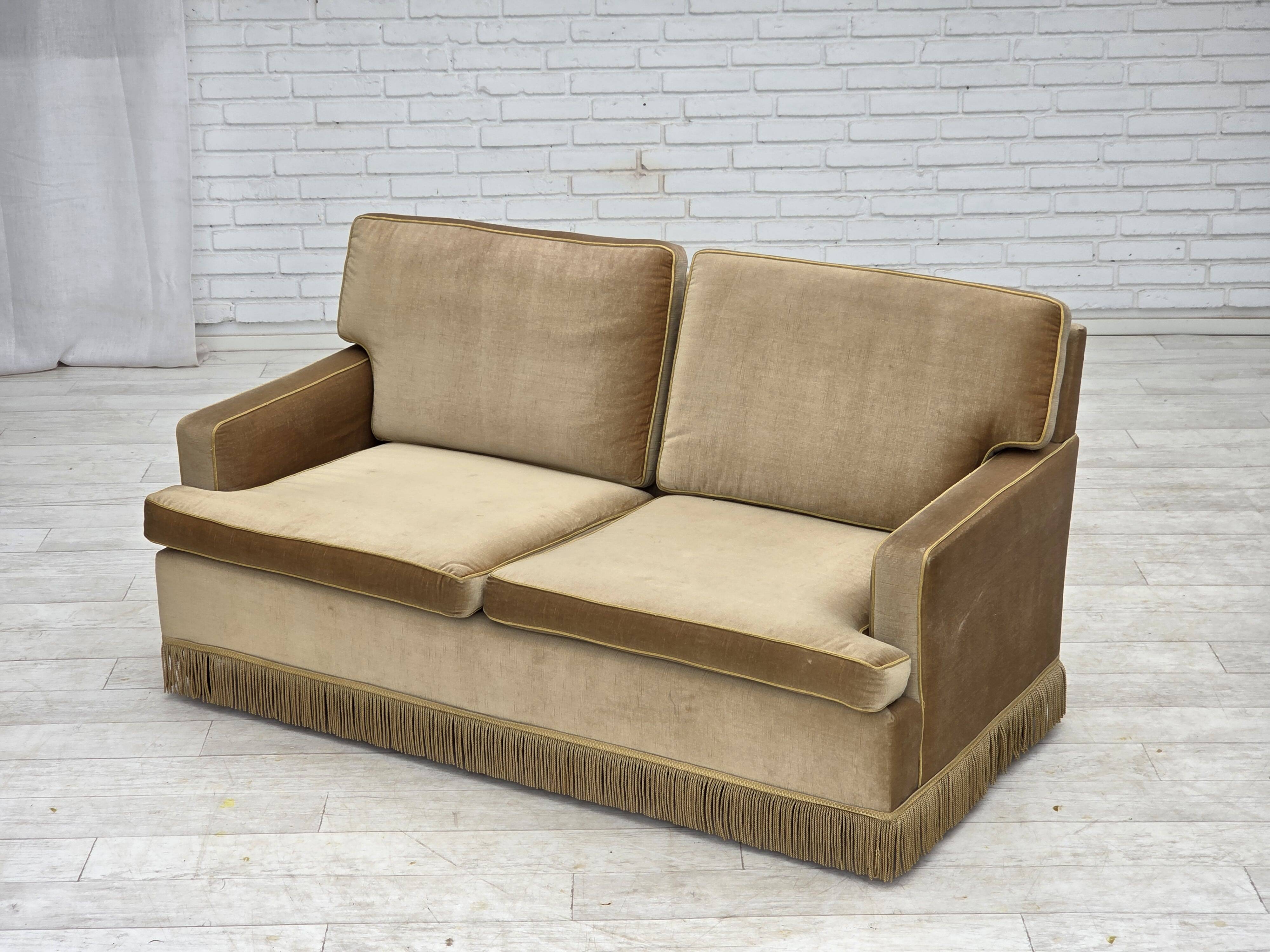 1970s, Danish 2-seater sofa, honey yellow furniture velour.