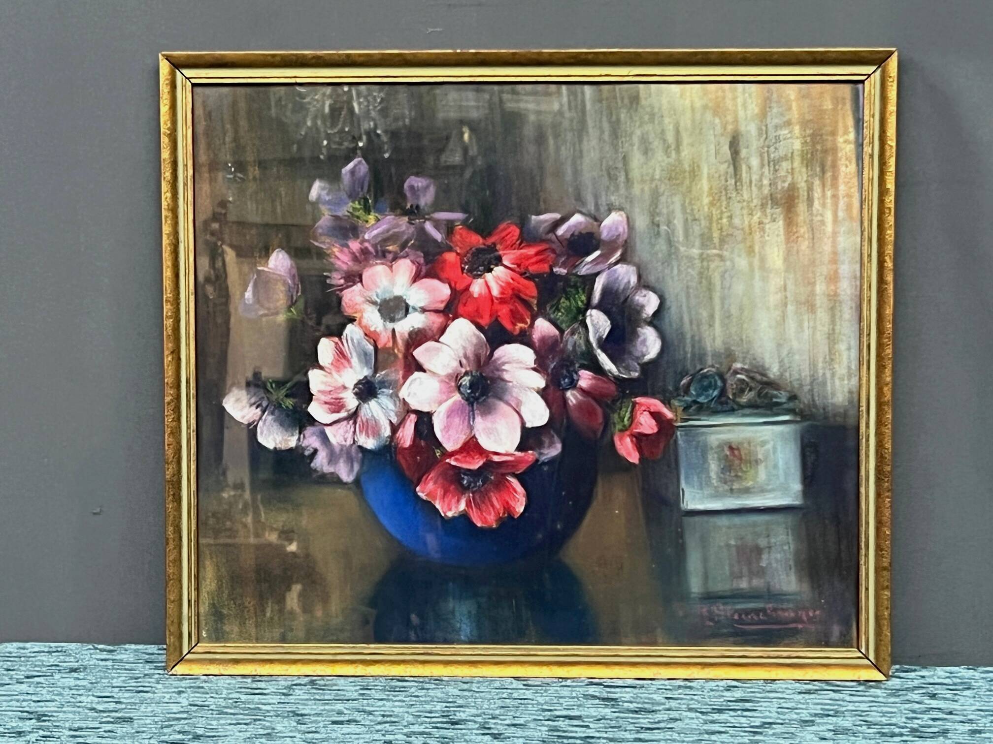 M.Steenbrugen. Still life with flowers in a blue vase. Pastel.