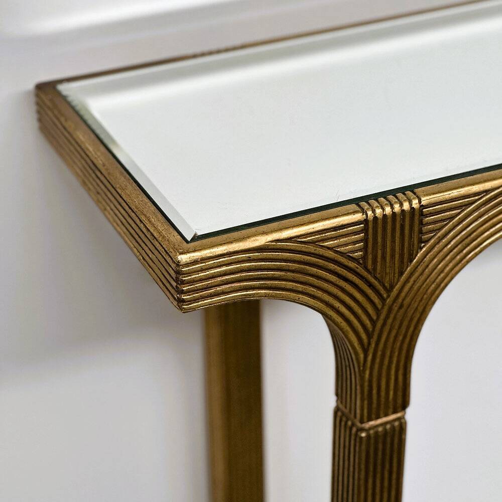 Vintage Deknudt gilt console table with beveled mirror top, Belgium, 1980s