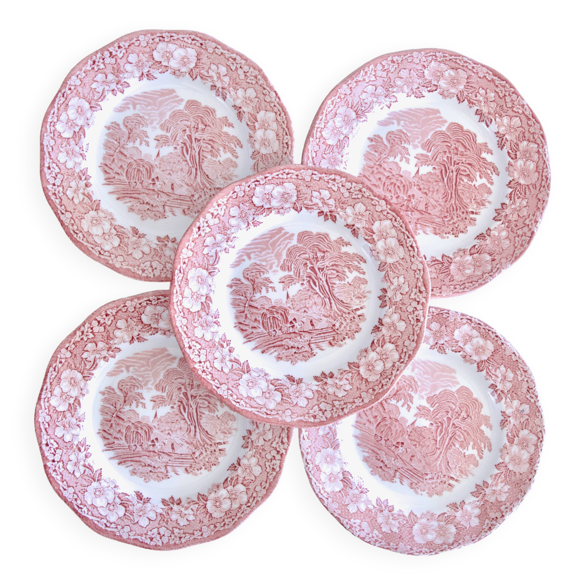 Wedgwood "Woodland" plates, pink English ironstone
