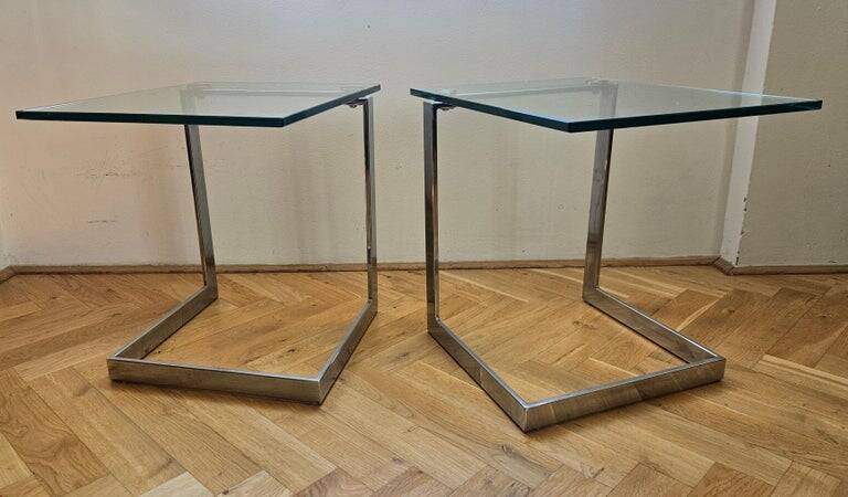 Pair of Midcentury Cantilevered Glass & Chrome Coffee Tables GEBRA, 1980s