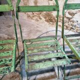 Set of 4 Antique Iron Folding Garden Chairs - 1920s Riveted Bistro Chairs with Aged Green Patina