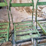 Set of 4 Antique Iron Folding Garden Chairs - 1920s Riveted Bistro Chairs with Aged Green Patina
