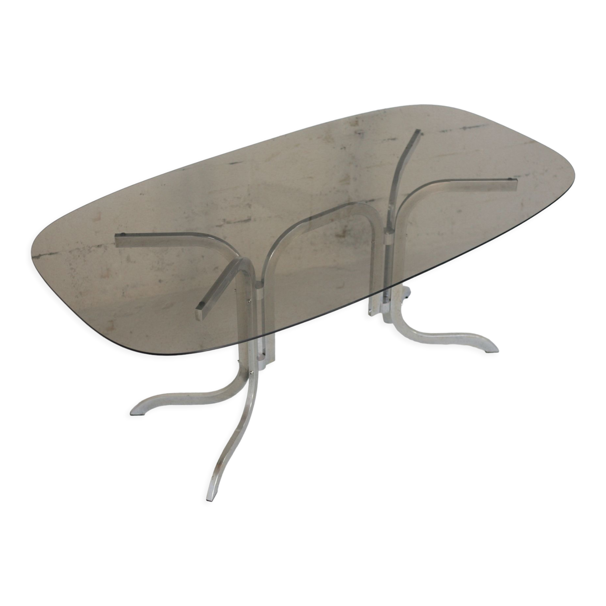 Table chrome steel smoked glass slab. France, circa 1970