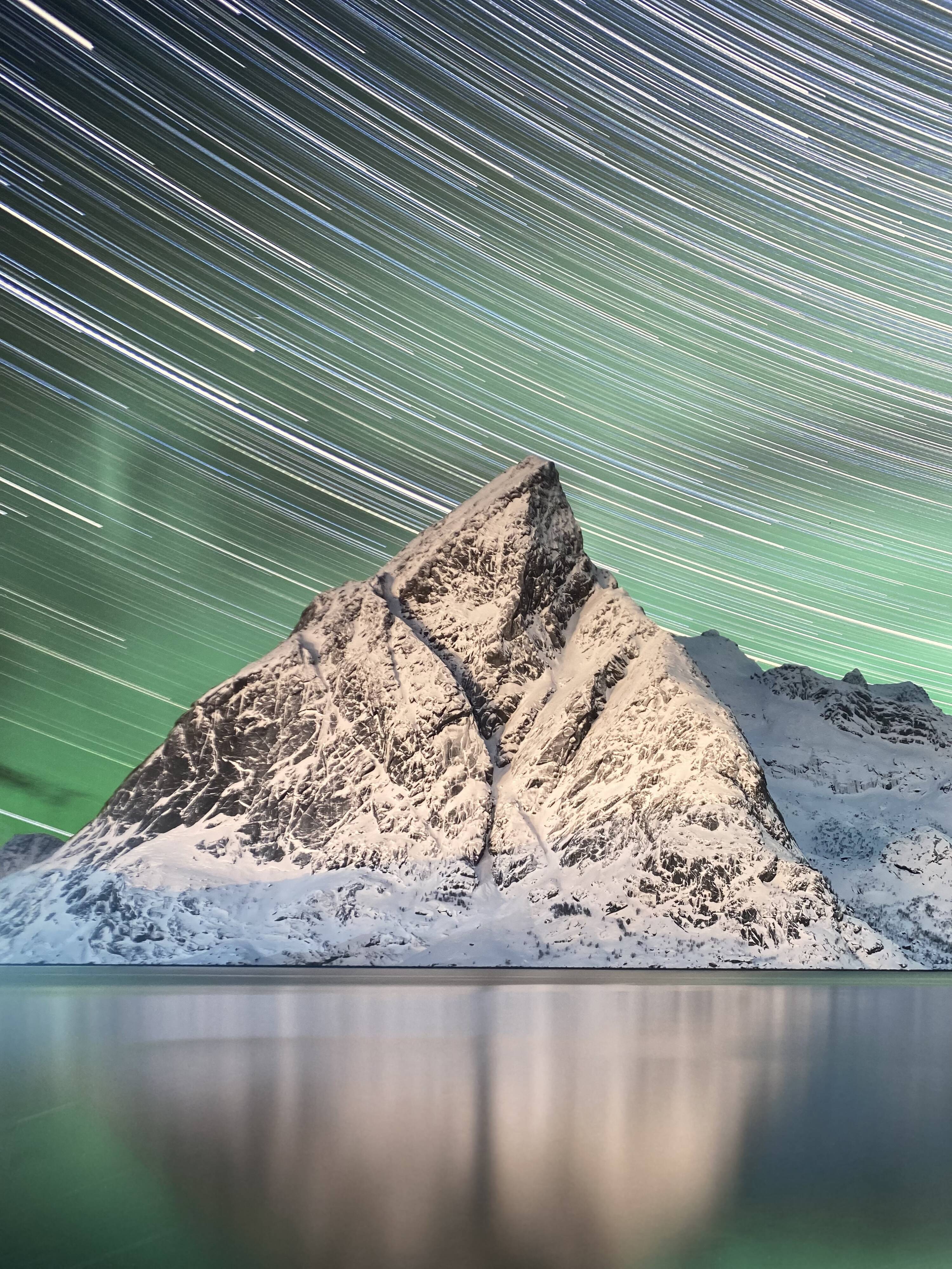 Fine Art Print – Aurora Borealis and Star Trails, Mountain Landscape