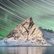 Fine Art Print – Aurora Borealis and Star Trails, Mountain Landscape