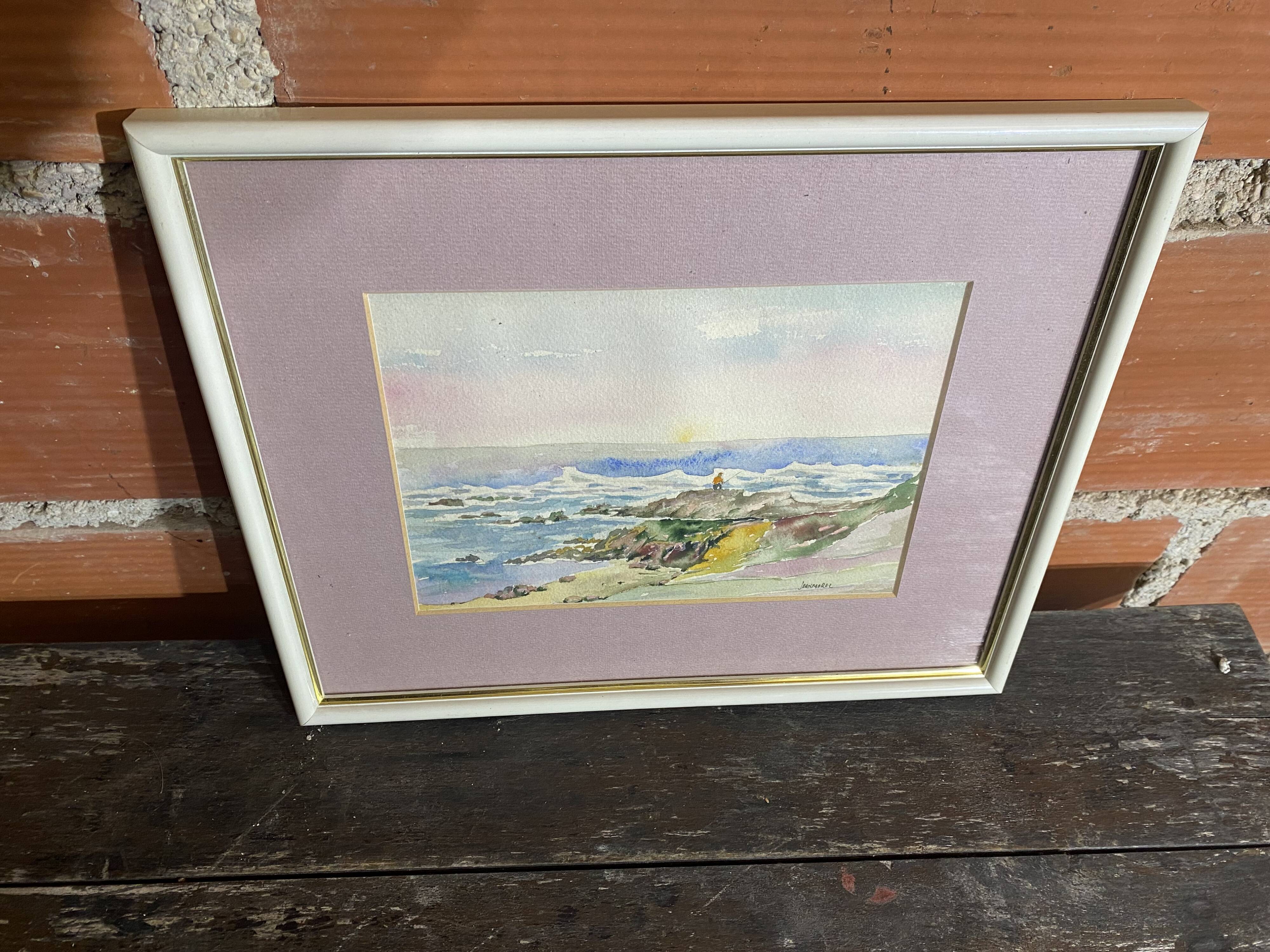 Aquarelle Sur Papier JEAN MOREL Vue Bord De Mer + Cadre Bois Blanc Vintage