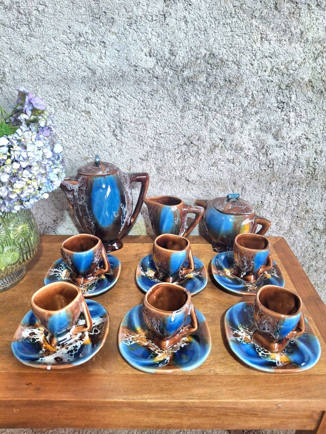 Art Deco coffee service Vallauris cobalt blue flambe glaze – 15 pieces