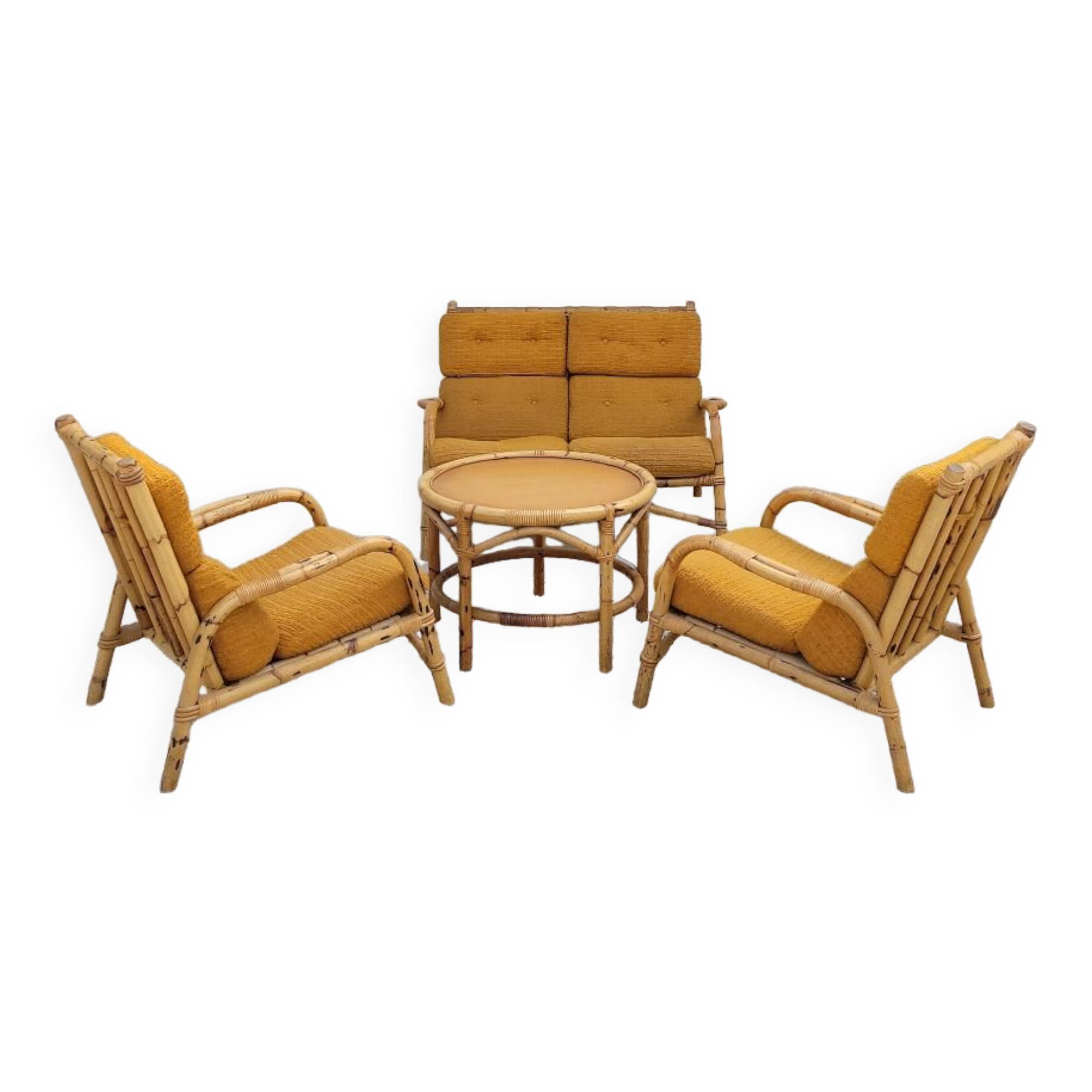 Salon canapé, 2 fauteuils et table basse en rotin vintage fabrication 1950