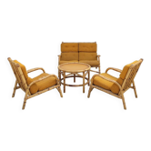 Salon canapé, 2 fauteuils et table basse en rotin vintage fabrication 1950