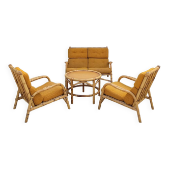 Salon canapé, 2 fauteuils et table basse en rotin vintage fabrication 1950