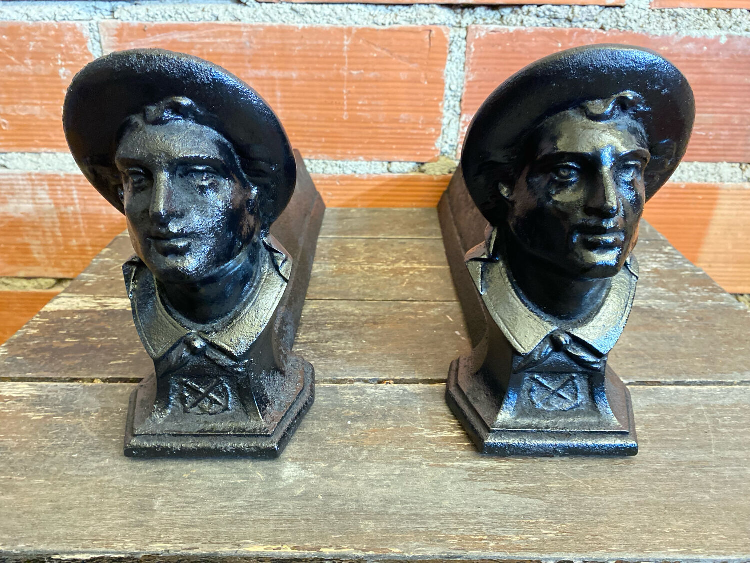 Pair of Fireplace Chenets Man with Hat Black Cast Iron Vintage #D703