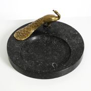 Beautiful, large black granite valet tray featuring a brass peacock, circa