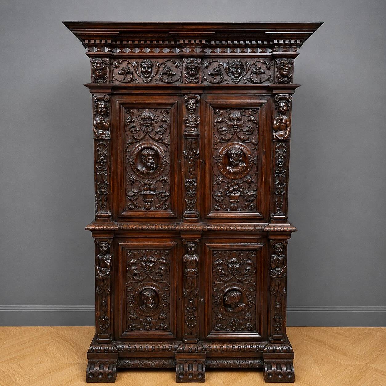 Cabinet d’apparat en bois richement sculpté dans le goût Renaissance