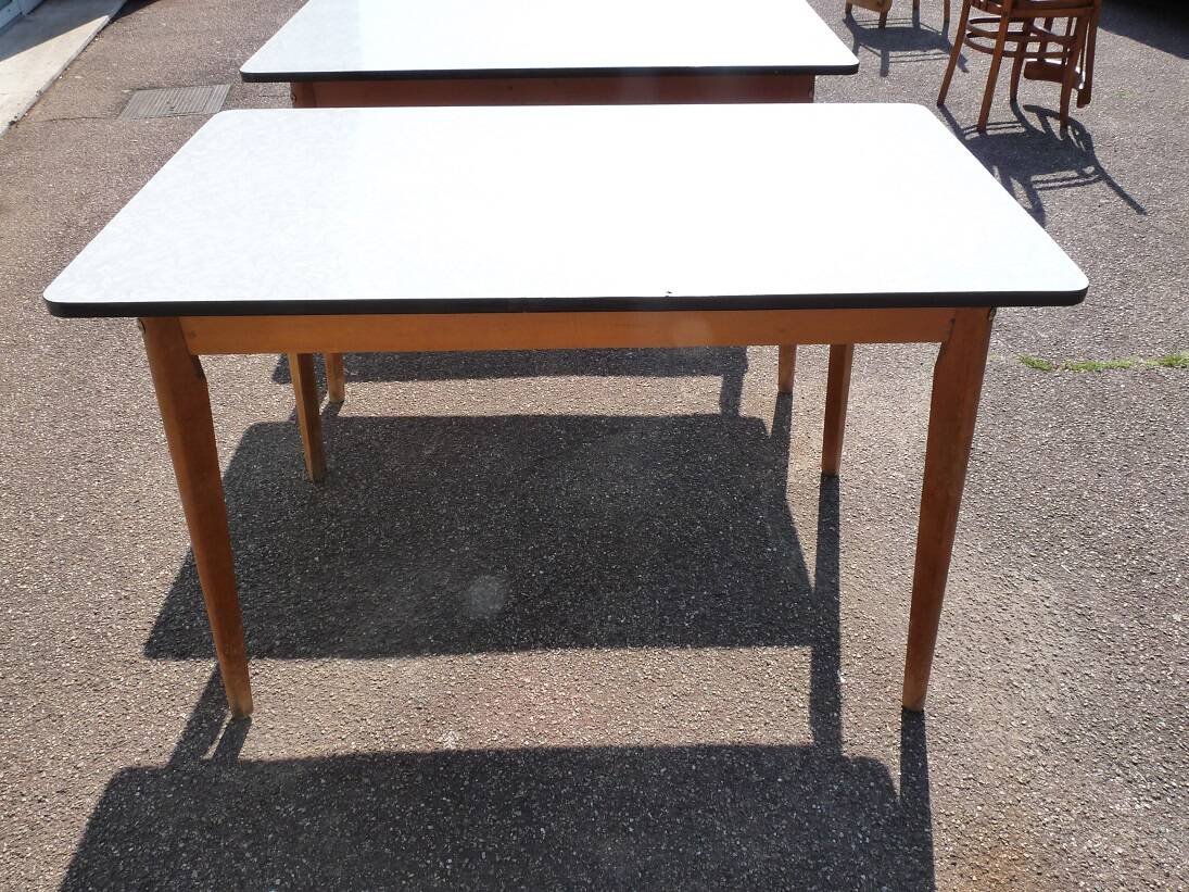 set of 3 vintage white Formica and wood tables
