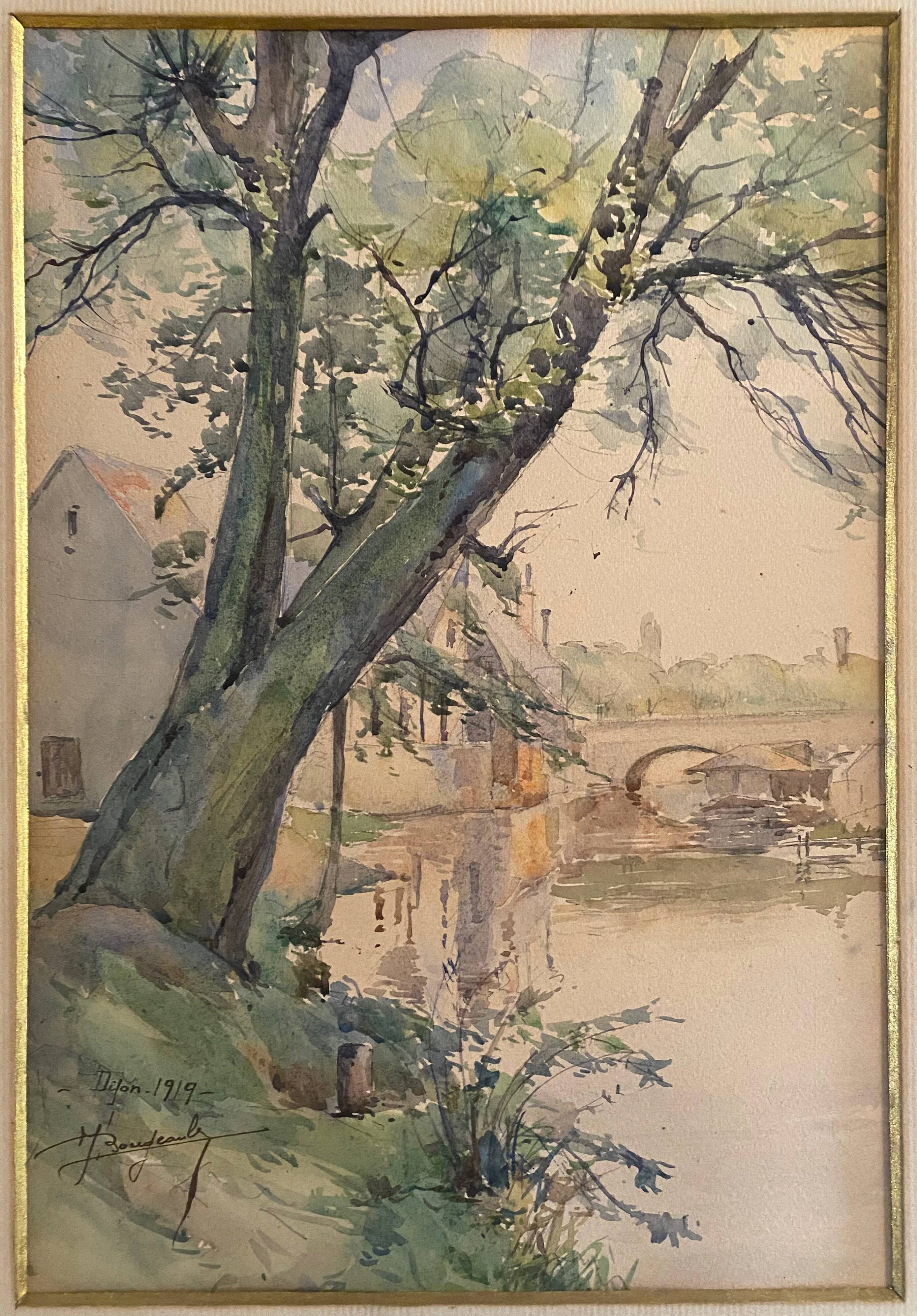 Watercolor painting "View of Dijon" l'Ouche in 1919 signed to decipher