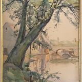 Watercolor painting "View of Dijon" l'Ouche in 1919 signed to decipher