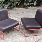 Pair of vintage drivers in red steel and skaï, France 1970