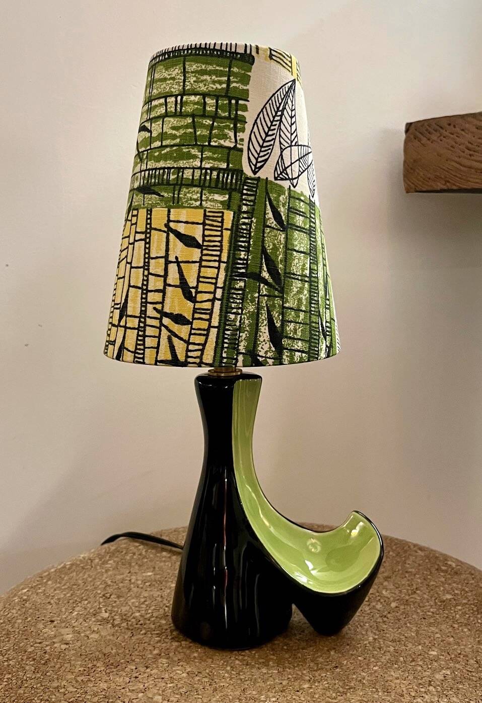 Vintage ceramic lamp in black and green - 1950s / 1960s - Handmade lampshade