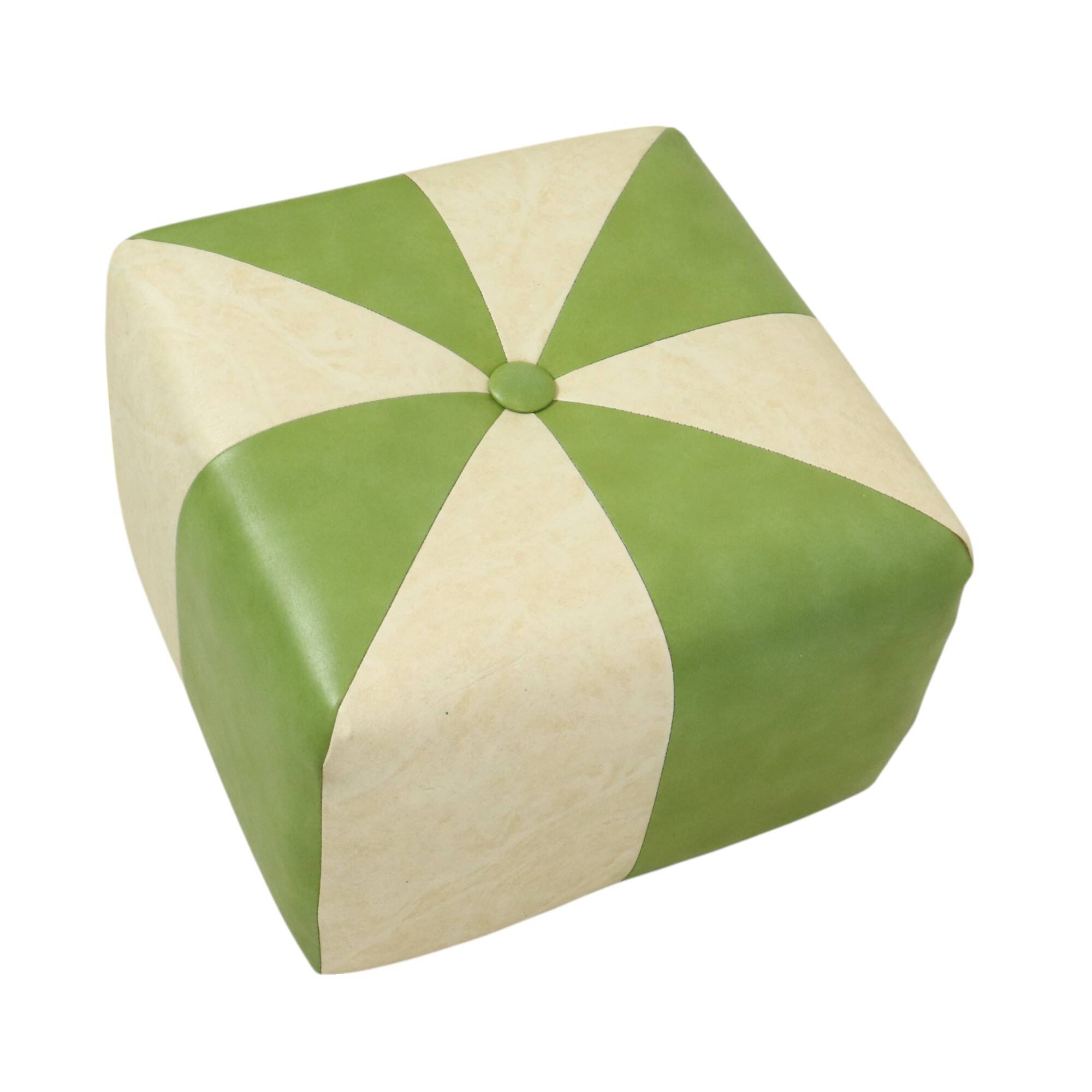 Pouf carré vintage skaï simili cuir vert crème 43cm