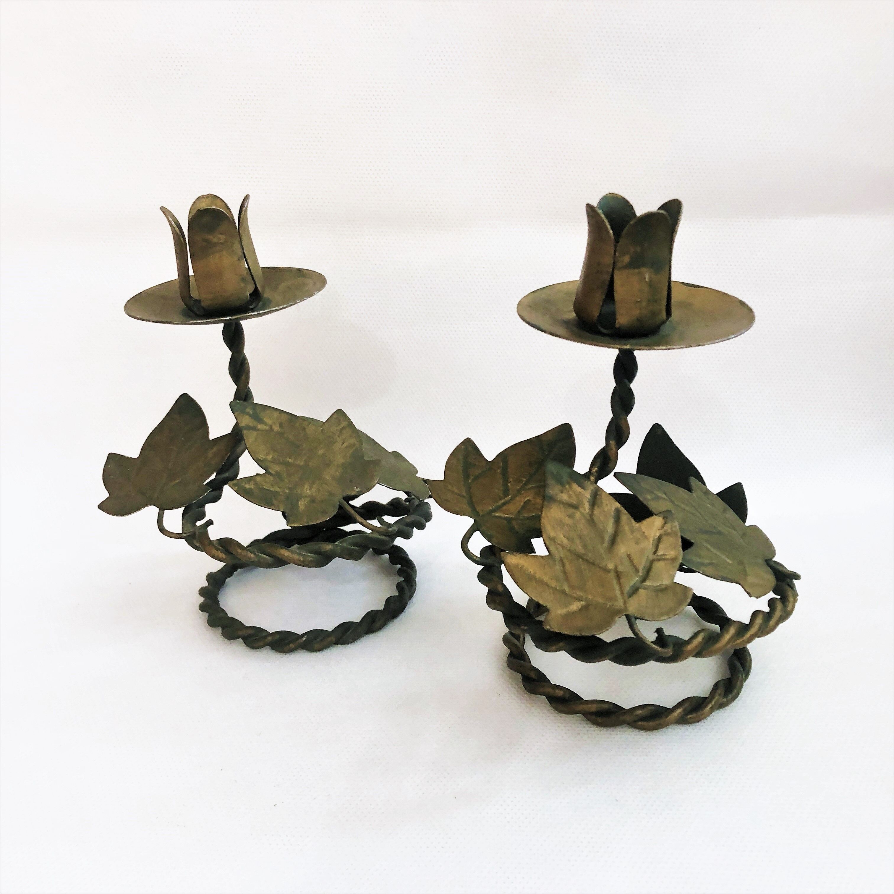 Pair of handcrafted wrought iron candlesticks vintage foliage