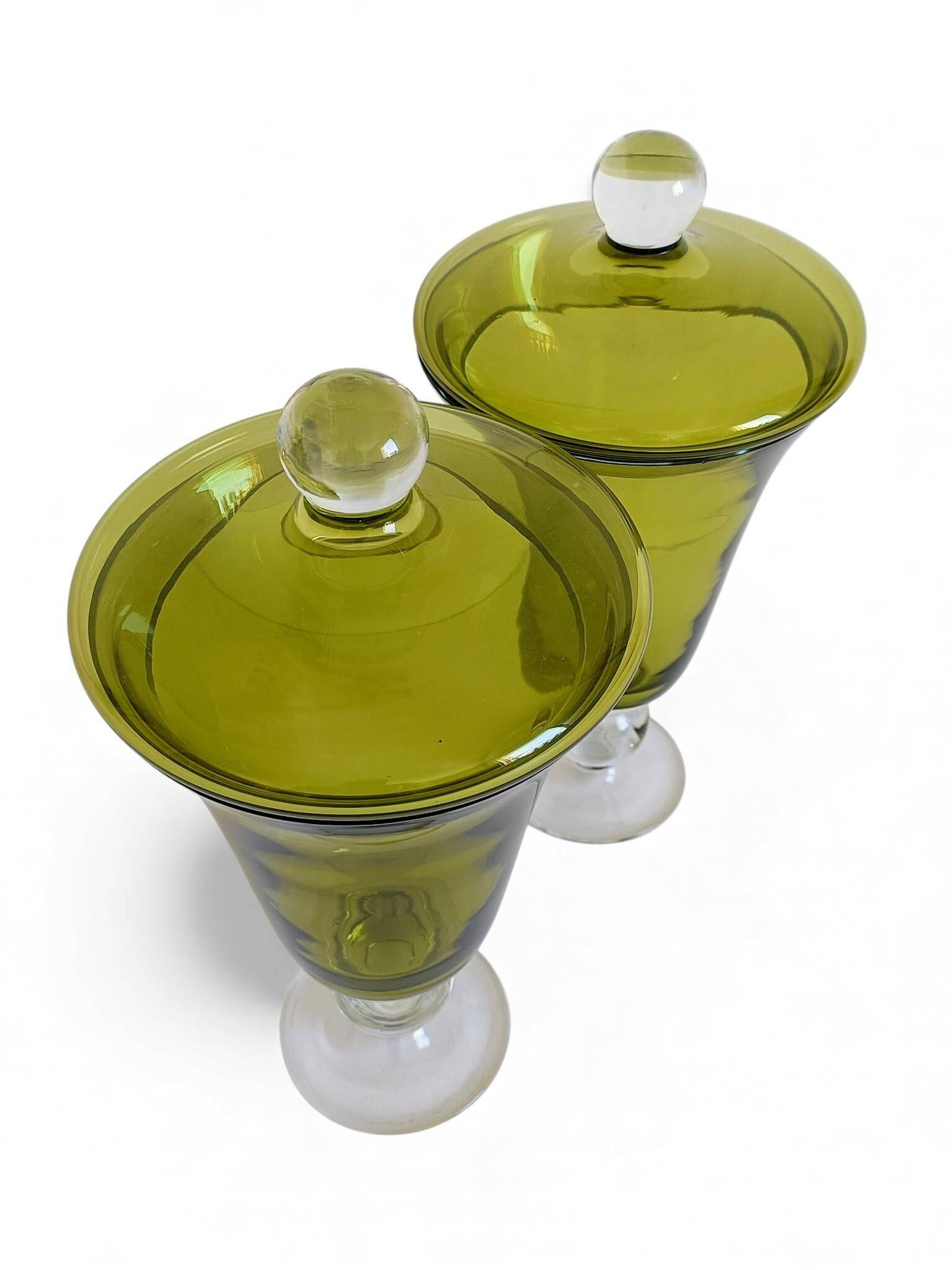 Murano Glass Green Lidded Urns, Venini Style, Italy, 1950s