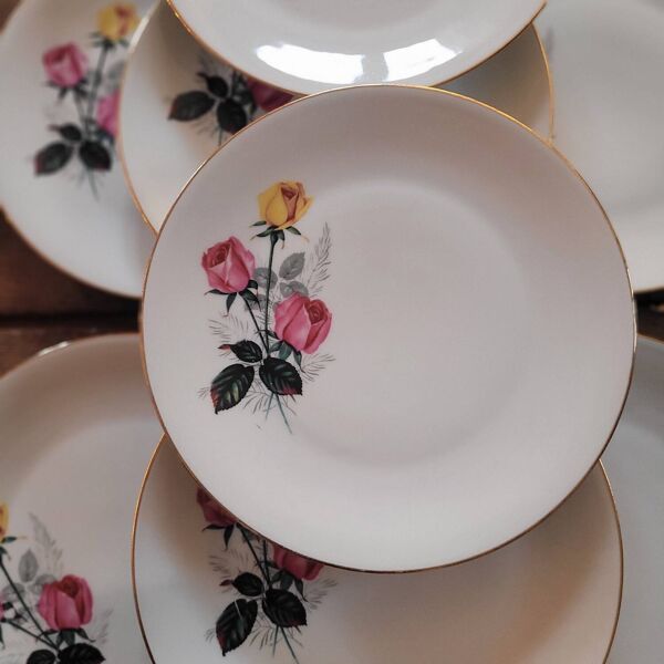 Assiettes plates P.L. France – Roses – Années 50