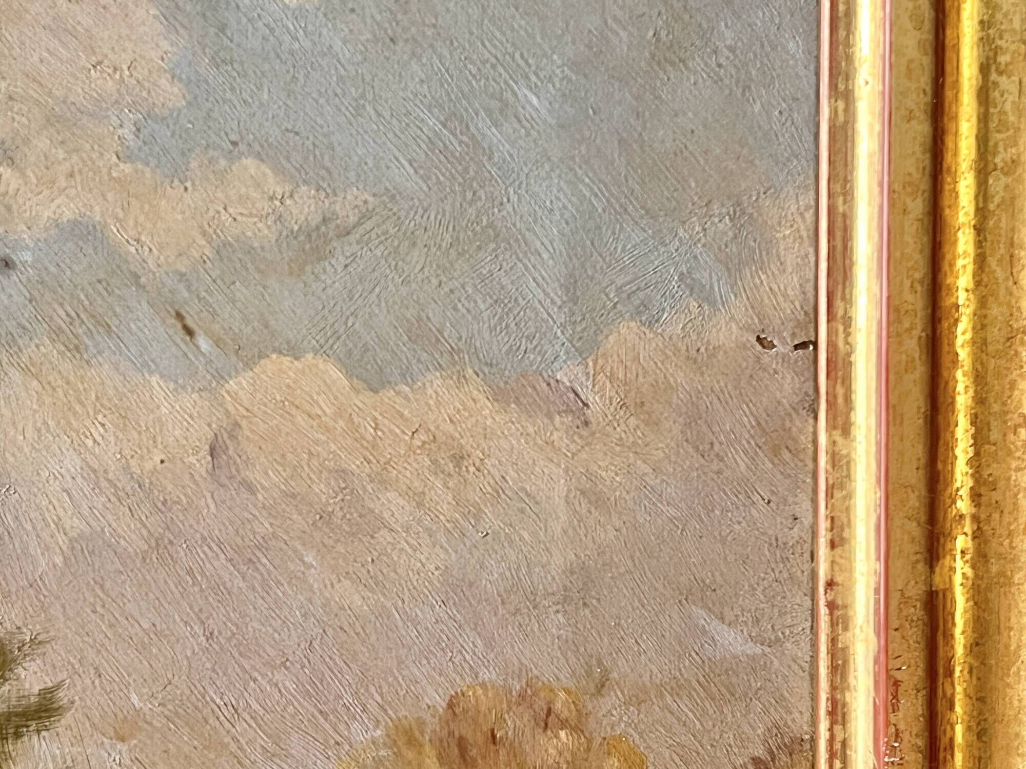 Authentic oil on canvas of a landscape with barges, view of the Seine.