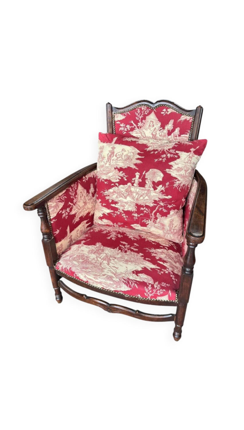 Antique armchair from around 1900, solid wood – red toile de Jouy.